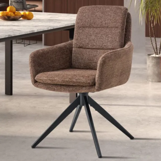 Rousseau Draaibare Eetkamerstoel Lisold Bruin – Zachte Stoffen Bekleding – Armleuningen – Zwart Metalen Onderstel – Per Stuk