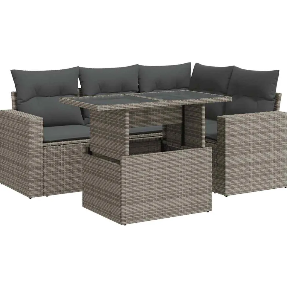 vidaXL 5-delige Loungeset met kussens poly rattan grijs, foto 3