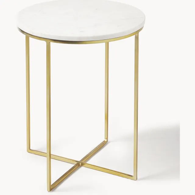 Westwing Collection Ronde marmeren bijzettafel Alys Wit, Goudkleurig