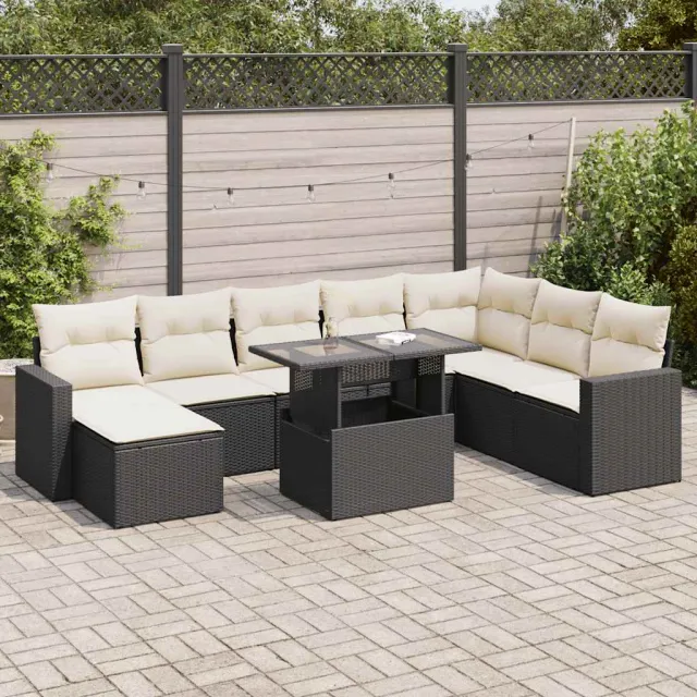 vidaXL 9-delige Loungeset met kussens poly rattan zwart, foto 2