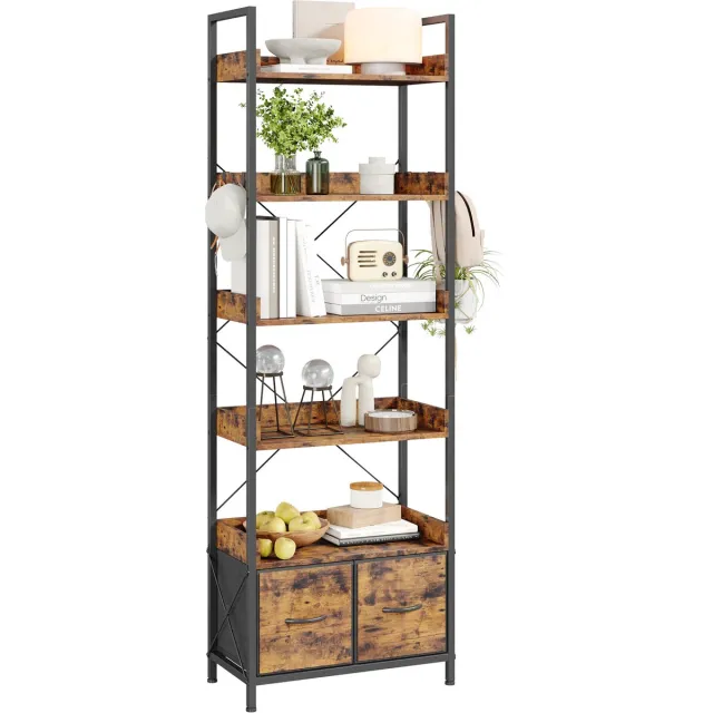 Triumpunpre Industriële Boekenrek - 6 Lagen Met 2 Stoffen Lades Vrijstaande Opbergkast Metaal Hout - Voor Kantoor Woonkamer - Zwart Ijzeren Frame + Vintage Houten Plank + Vintage Stoffen Lade
