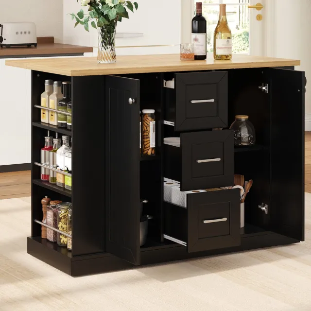 OKWISH Keukeneiland - Opklapbaar Werkblad - Keuken En Bartafel - MDF Zwart - 120 x 70 x 90 cm - 3 Laden - Vergrendelbare Wielen