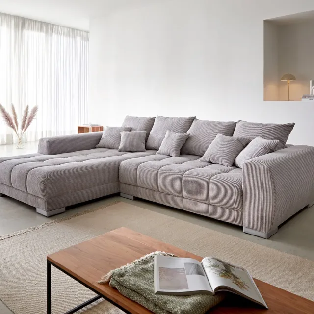 DELIFE Bank Josea Cord zilvergrijs 300x220 cm voetenbank links hoekbank