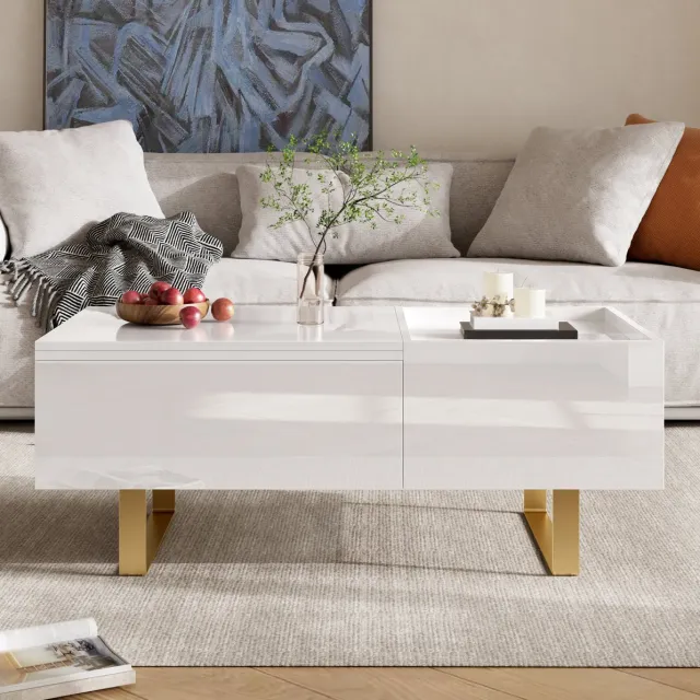 FloraGrace Salontafel - In Hoogte Verstelbaar Met Verborgen Opbergruimte En Lade - Voor Woonkamer - MDF Hoogglans - 100x50x54,5 Cm - Wit
