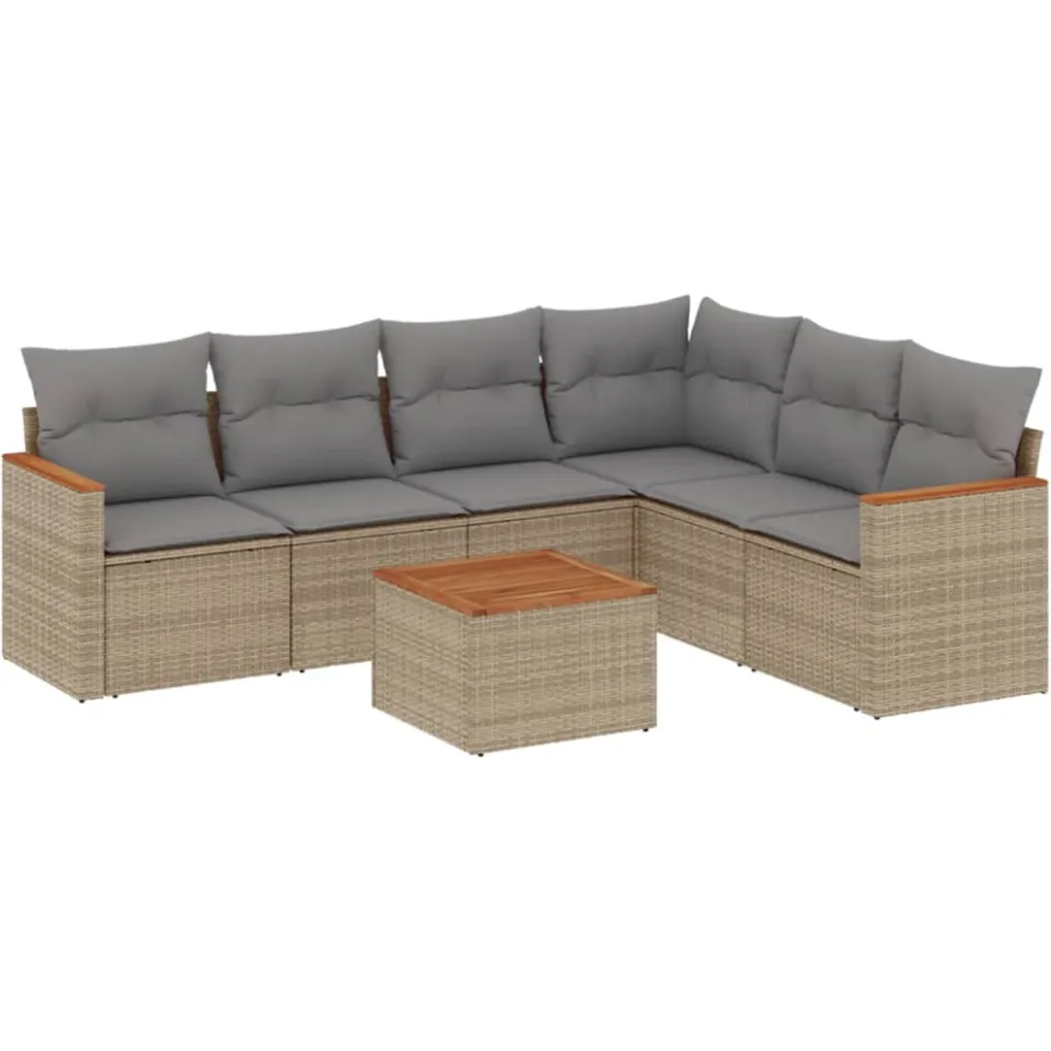 vidaXL 7-delige Loungeset met kussens poly rattan gemengd beige, foto 3