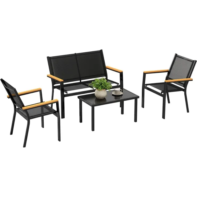 Hoohohoo Moderne Zitgroep voor 4 Personen - Loungeset met Tuinbank en 2 Tuinstoelen van Ademend - Balkonset Met Bijzettafel - Zwart