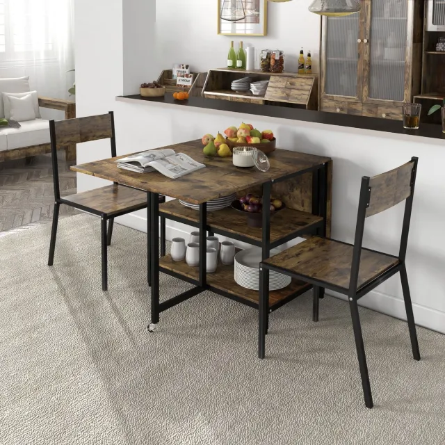 Wishdor Eettafel 140x80x75 cm van metaal en melamine, opvouwbaar met twee bladen, wielen en twee planken Bruin