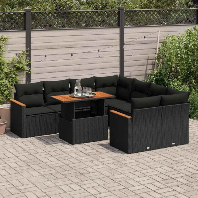 vidaXL 9-delige Loungeset met kussens poly rattan acacia zwart, foto 2