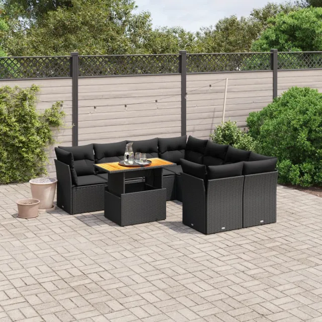 vidaXL 9-delige Loungeset met kussens poly rattan zwart, foto 2