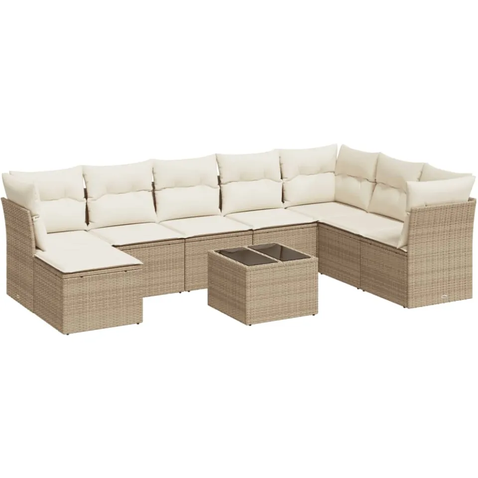 vidaXL 9-delige Loungeset met kussens poly rattan beige, foto 3