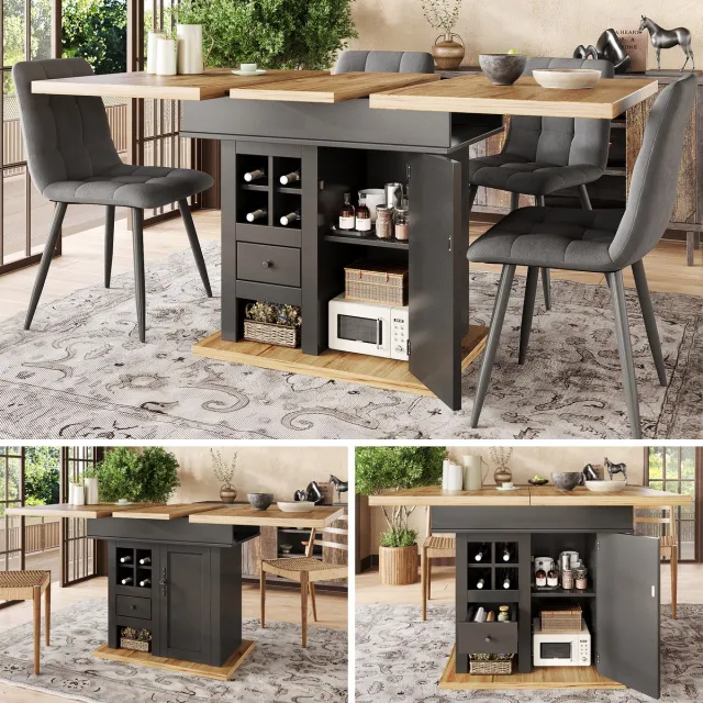 Clruro Eettafel - 110-140 x 80 cm - Uitschuifbare Eettafel met Wijnrek en Laden - MDF - Wit Zwart, naturel