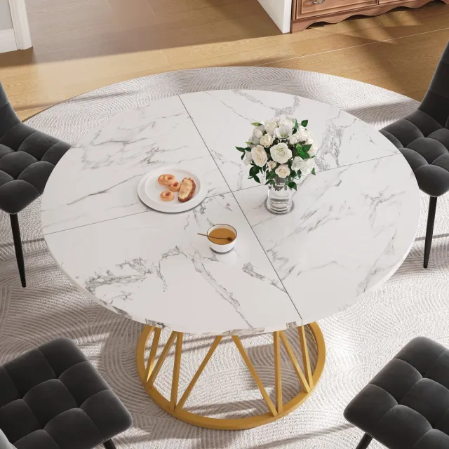 Merax Ronde eettafel 100x100x76 cm - keukentafel - geschikt voor 4 personen - ronde salontafel - marmeren tafelblad - goudkleurig