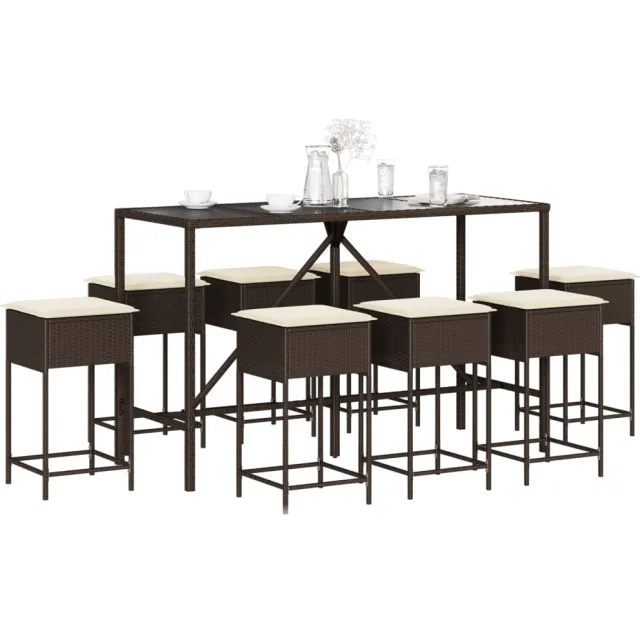 vidaXL 9-delige Tuinbarset met kussens poly rattan bruin, foto 2