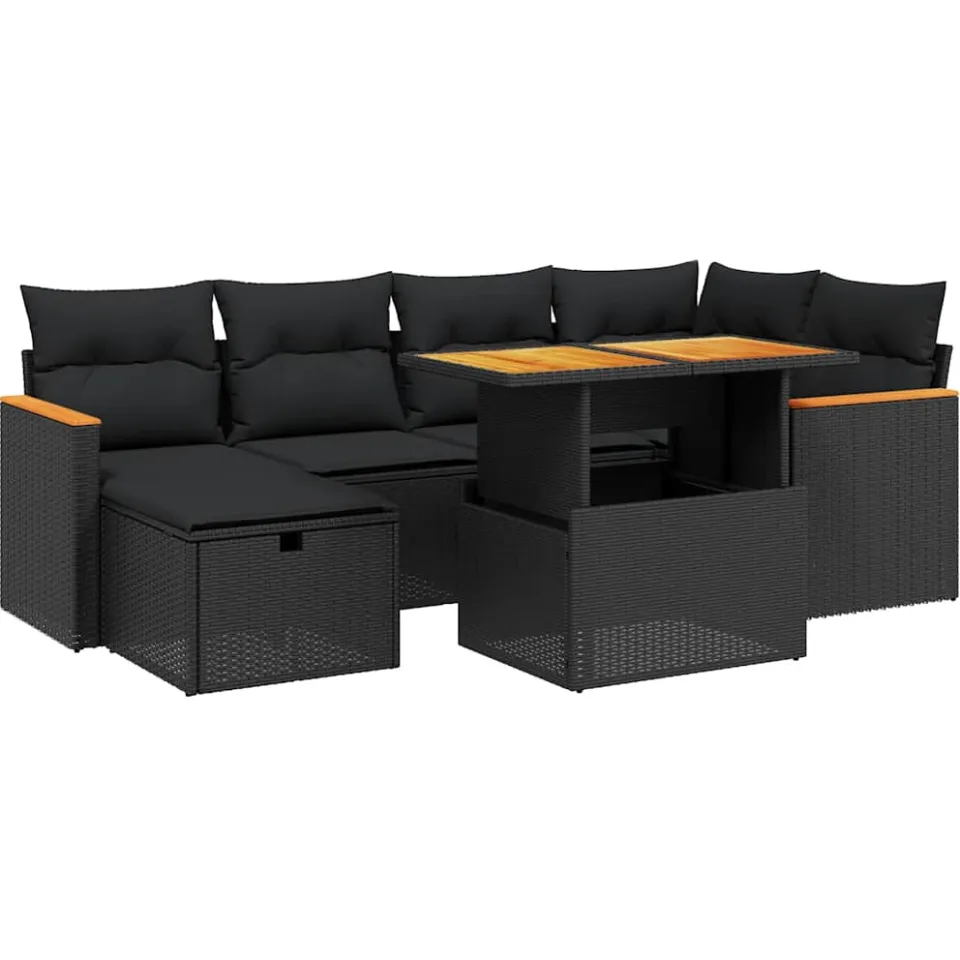 vidaXL 7-delige Loungeset met kussens poly rattan zwart, foto 3