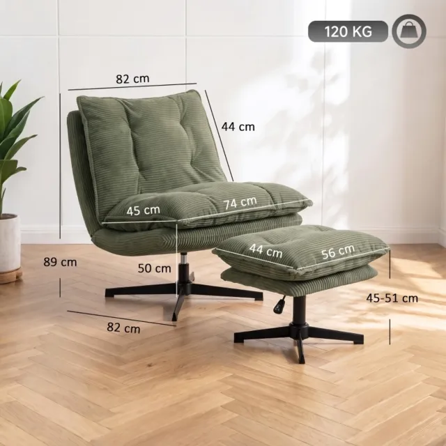 MODENUIT Fauteuil 82 x 74 x 89 cm - 360 Graden Draaibaar Met Verstelbare Hocker - Woonkamer - Ribstof - Groen