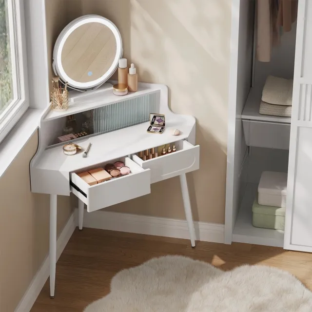 DHN Hoekkaptafel met Spiegelverlichting - Dressoir - Make-up tafel met verlichting - Verstelbare Helderheid - Commode - Wit