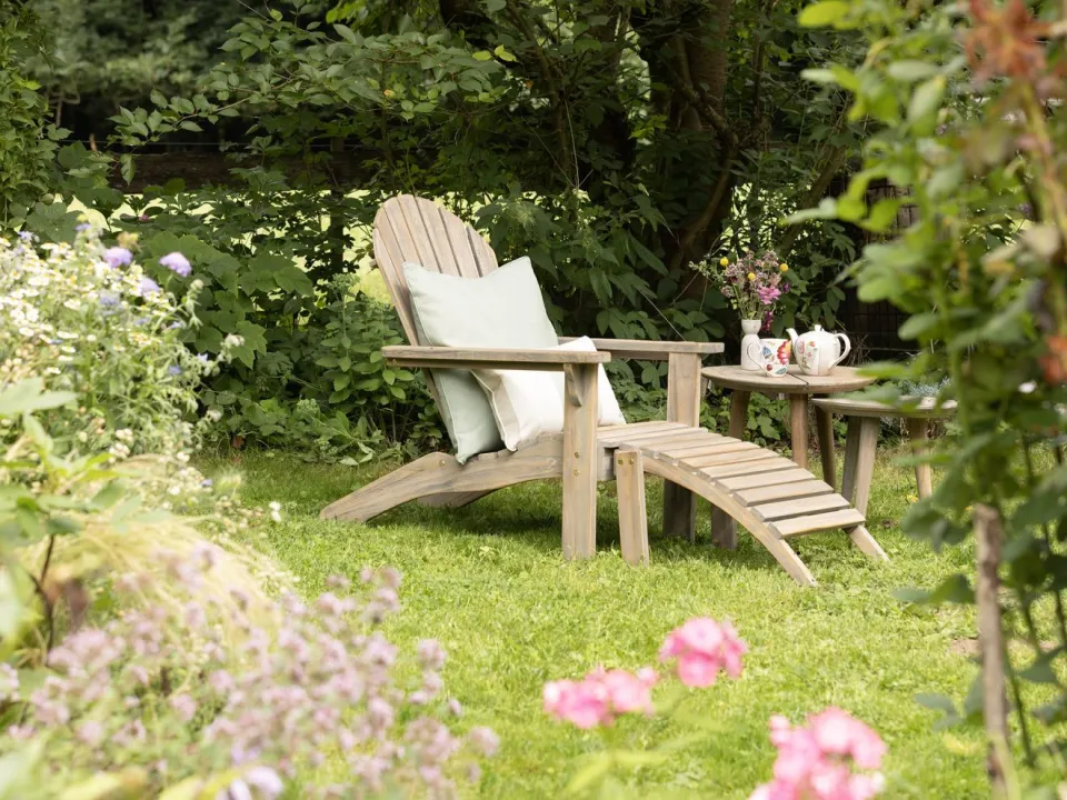 ROUGH Furniture ROUGH-S Adirondack lounge tuinstoel met voetenbank bruin, foto 3