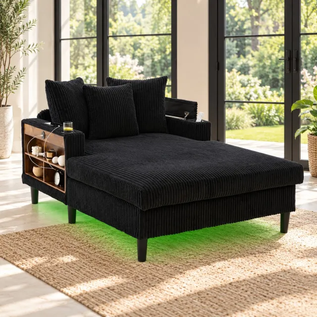 WUVRIE Chaise longue 170x129 cm - Ribstof met LED, USB-oplaadpoort en opbergruimte - Zwart