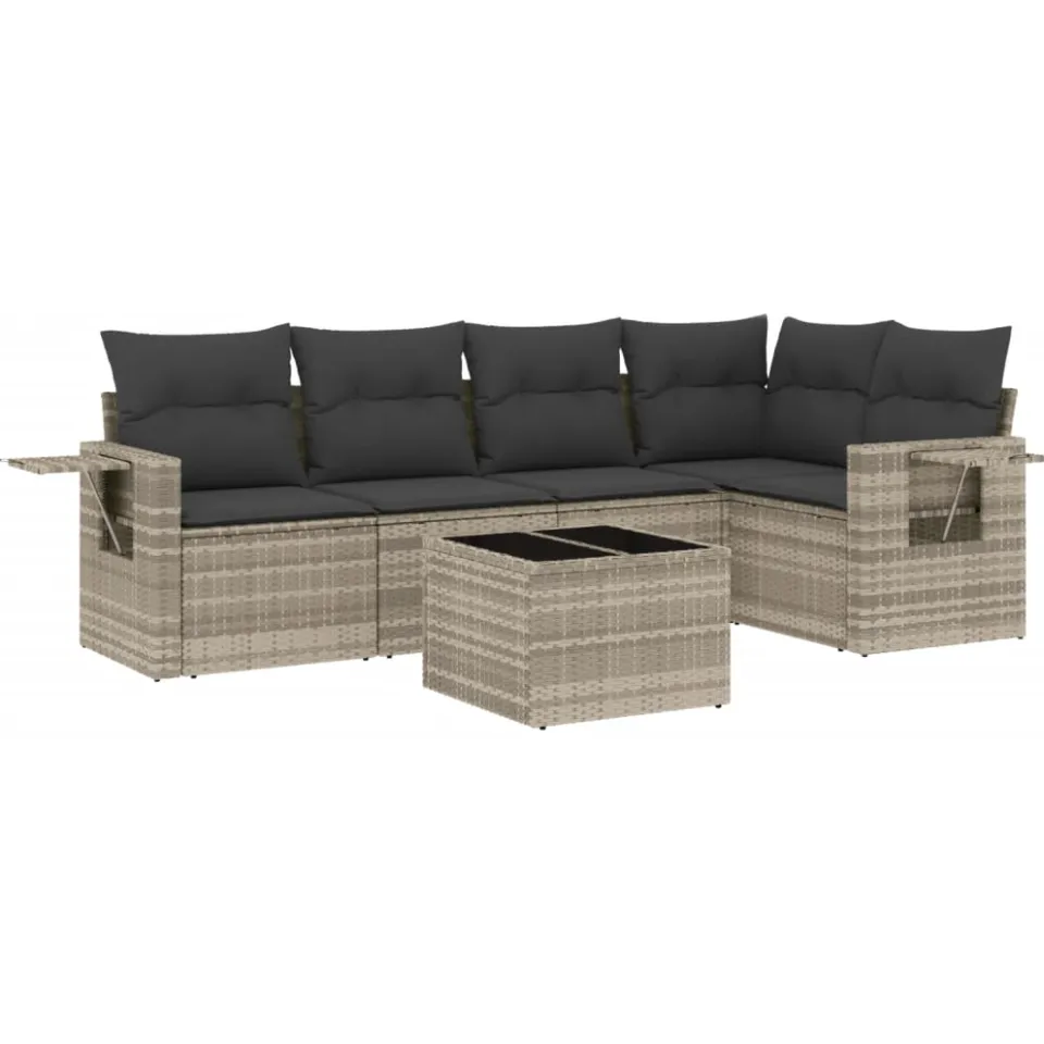 vidaXL 6-delige Loungeset met kussens poly rattan lichtgrijs
