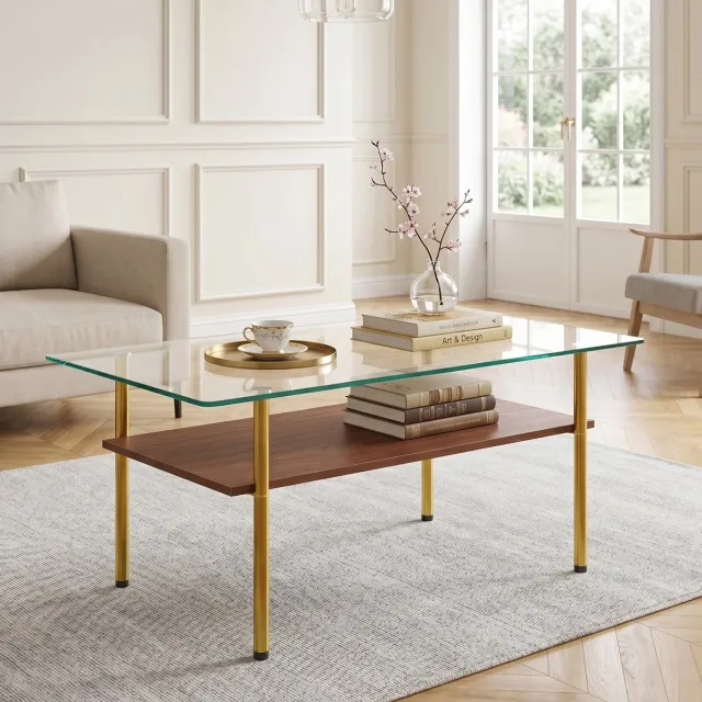 REDOM Salontafel - Glasplaat - MDF opbergplank - Metalen frame - Modern - Woonkamer - Bruin en Goud - 97,7 x 57,7 x 45 cm Bruin+Goud