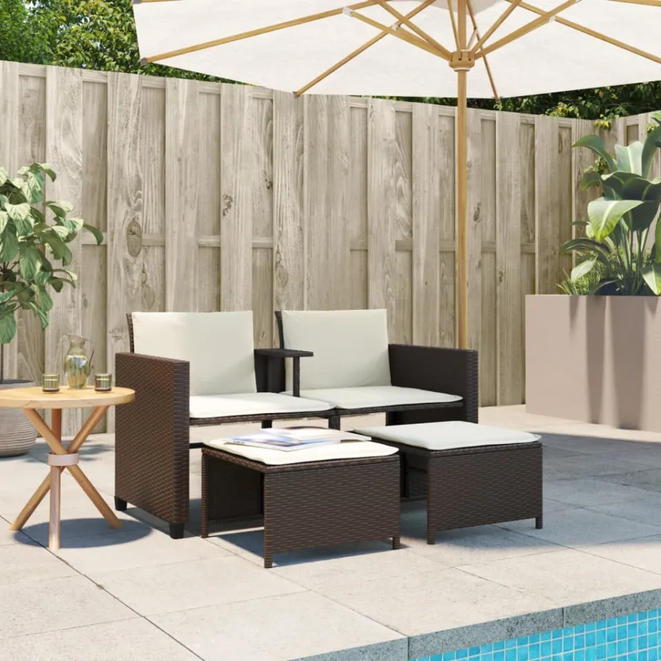 vidaXL Tuinbank 2-zits met tafel en voetenbanken poly rattan bruin, foto 3