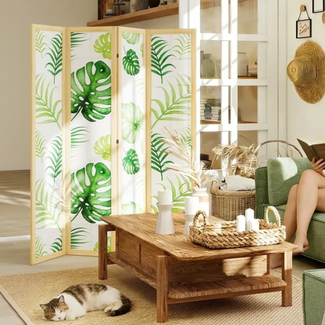 MIVRAY Kamerscherm – 4-Delig Opvouwbaar – 160 x 1,8 x 170 Cm – Hout – Natuurlijk Hout En Groen – Vrijstaand Voor Woon- En Werkruimte Naturel hout