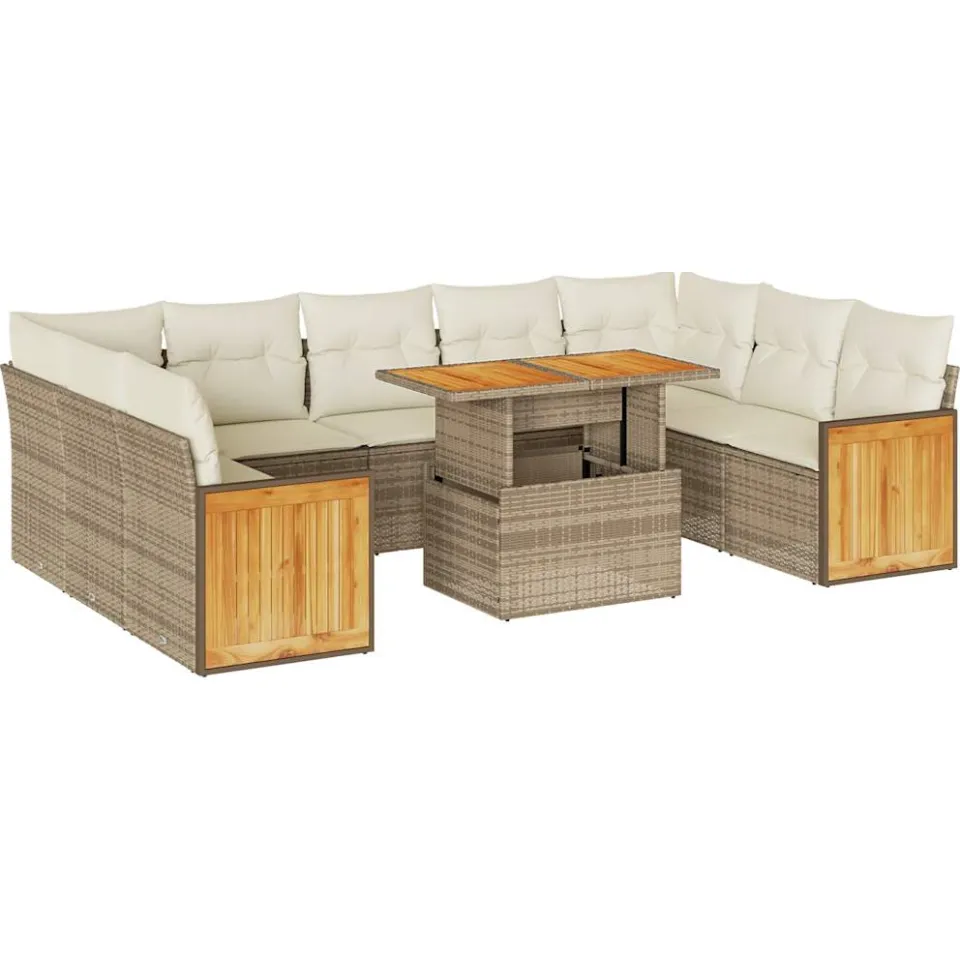 vidaXL 10-delige Loungeset met kussens poly rattan acacia beige, foto 3