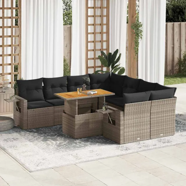 vidaXL 9-delige Loungeset met kussens poly rattan grijs, foto 2