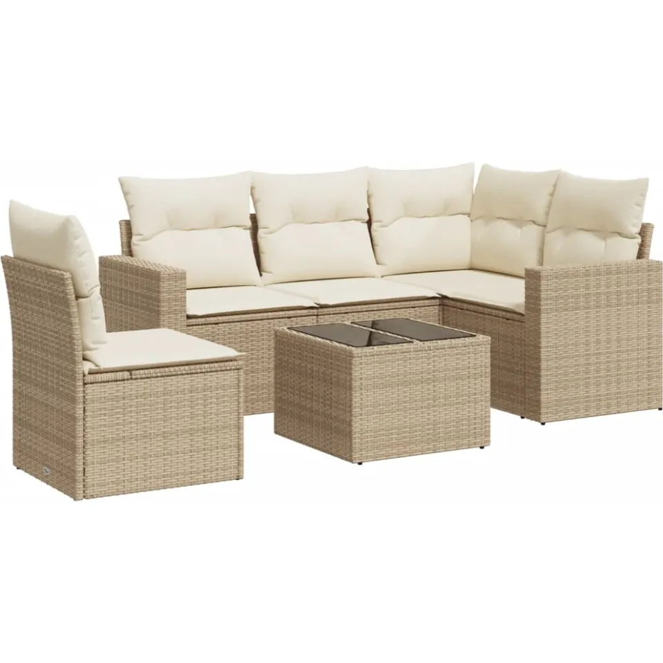 vidaXL 6-delige Loungeset met kussens poly rattan beige