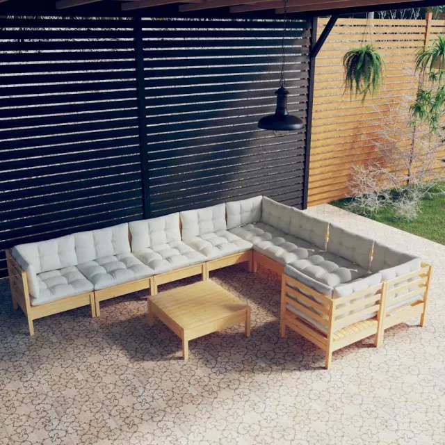 vidaXL 10-delige Loungeset met crèmekleurige kussens grenenhout, foto 2