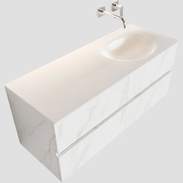 Boss & Wessing Badkamermeubel BWS Valencia Carrara Mat 120 cm Solid Surface Wastafel Rechts (0 kraangaten, 4 lades)