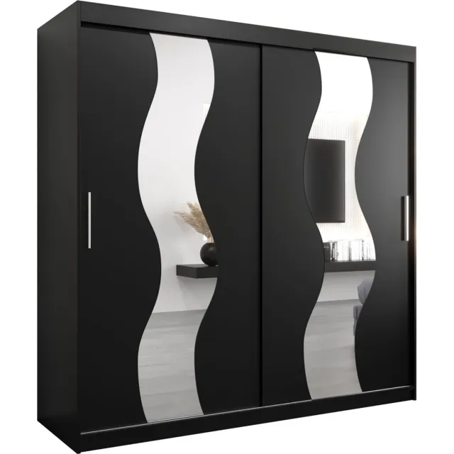 InspireME Kledingkast met 2 schuifdeuren, Modern-stijl, Een kledingkast met planken en een spiegel (BxHxD): 200x200x62 - REESE 200 Zwart Mat met 4 lades