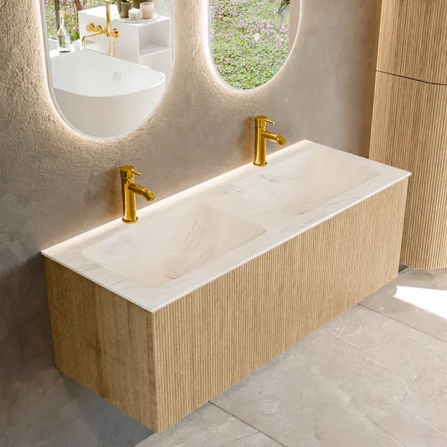 Mondiaz KURVE-DLUX 120 cm Onderkast Greeploos 1 Lade Zonder Deuren Oak, Wastafel Solid Surface Dubbel Ostra 2 Kraangaten Zonder Spiegel (KRVLEA1201L0D2KD-Oak/Ost)