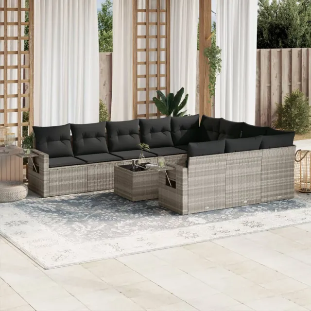 vidaXL 11-delige Loungeset met kussens poly rattan lichtgrijs grijs, foto 2