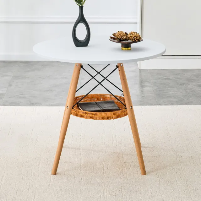 MIVRAY Eettafel - Ronde Tafel Met Opbergmand - Voor Keuken Balkon En Woonkamer - MDF En Massief Hout - 80 Cm - Wit Wit, Houtkleur