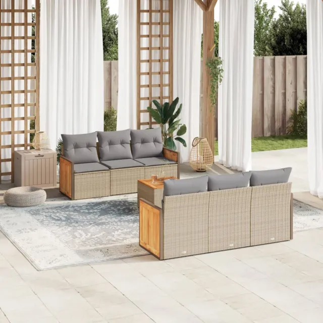 vidaXL 7-delige Loungeset met kussens poly rattan beige, foto 2