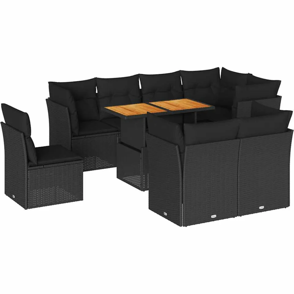 vidaXL 9-delige Loungeset met kussens poly rattan zwart, foto 3