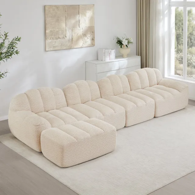 STILVORA Hoekbank 4-Zits - Modulair Met Ottomane En Diepe Zitting - Voor Woonkamer En Appartement - Ribstof - Beige Wit