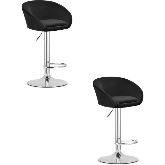 LEOBERT Set van 2 Barkrukken EAST – Velvet Zwart - Chromen Basis - Rugleuning, Verstelbare Hoogte, 360° Draaibaar, Comfortabele Voetsteun, Modern Design, Max. 110 kg zwart / chromen