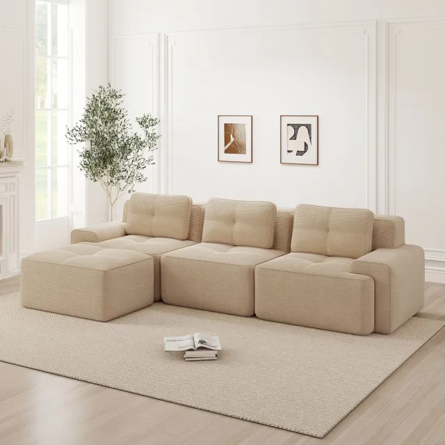 Zubaliya Modulaire Hoekbank - 3-Zits Ribstof Cloud Sofa Met Hocker - Frameloze L-Vorm Lounge Bank Met Diepe Zit, 32D Schuim En Antislip Bodem - Zachte Sofa Zonder Montage Voor Woonkamer - Beige