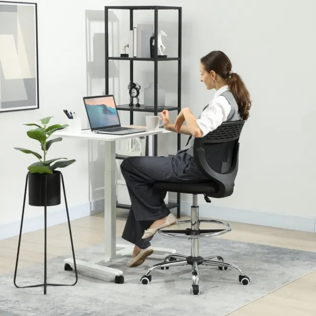 MEUNIQ hoge bureaustoel 59 x 59 x 106-126 cm verstelbare zithoogte 68-88 cm met voetring, mesh rugleuning, wielen en 360° draaibare zitting, zwart