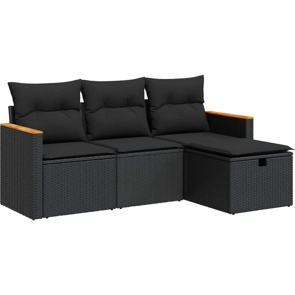 vidaXL 4-delige Loungeset met kussens poly rattan zwart, foto 3