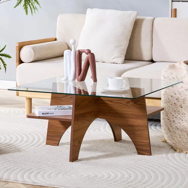 HAUSS SPOLE Salontafel - Vierkant Veiligheidsglas Met Opbergvak - Voor Woonkamer En Balkon - MDF In Walnootlook - 80x80x40 Cm Walnut