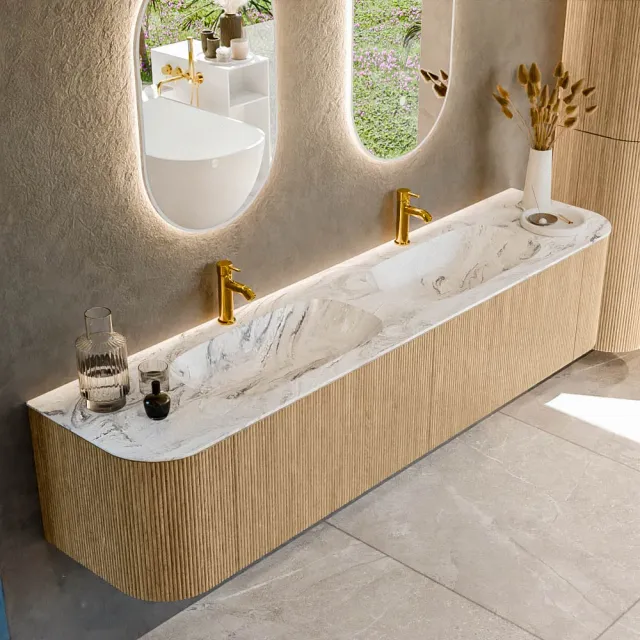 Mondiaz KURVE-DLUX 200 cm Onderkast Greeploos 2 Lades Met Deuren Oak, Wastafel Solid Surface Dubbel Glace 2 Kraangaten Zonder Spiegel (KRVSTS200L+R2L2D2KD-Oak/Gla)