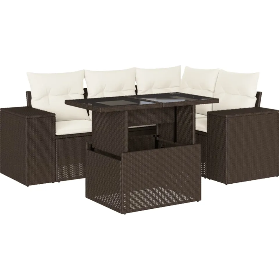 vidaXL 5-delige Loungeset met kussens poly rattan bruin, foto 3