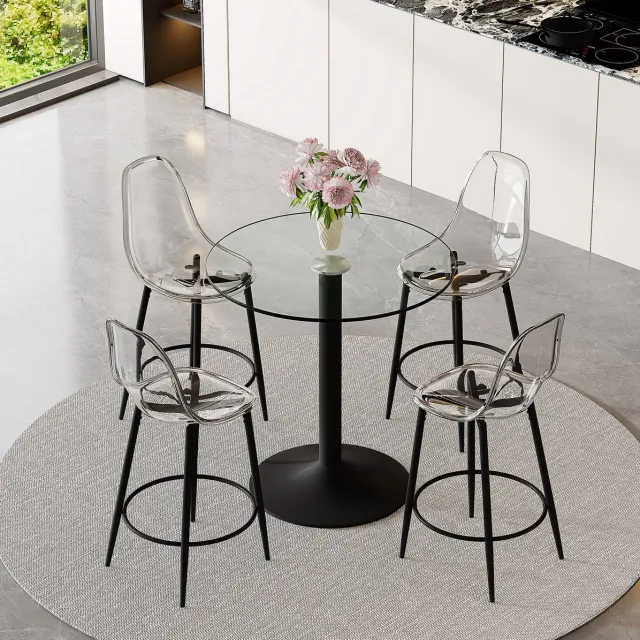 DESMIU Barset Met Ronde Glastafel 89 Cm En 4 Transparante Barkrukken Met Zwarte Metalen Basis Voor Open Keuken En Bar Modern Glas Metaal Transparant Zwart