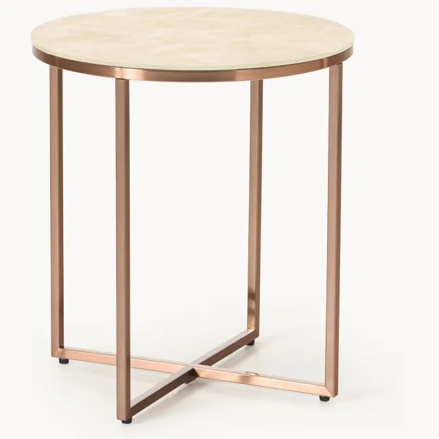 Westwing Collection Ronde bijzettafel Antigua met glazen tafelblad in marmerlook Beige, Koper