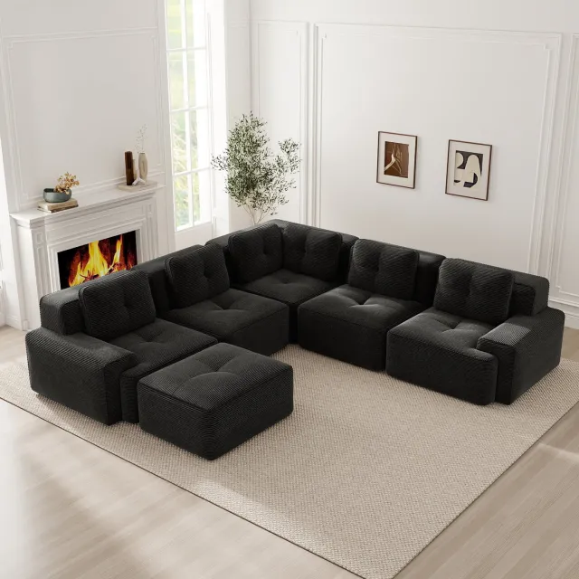 Wishdor Modulaire hoekbank met ottomane - Vijf zitplaatsen - Zonder montage - Antislip onderzijde - Brede armleuningen - Zachte corduroy - Woonkamer kantoor - Zwart - 295 x 295 x 69 cm