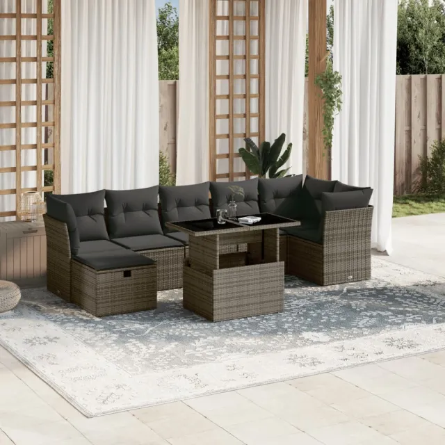 vidaXL 8-delige Loungeset met kussens poly rattan grijs, foto 2