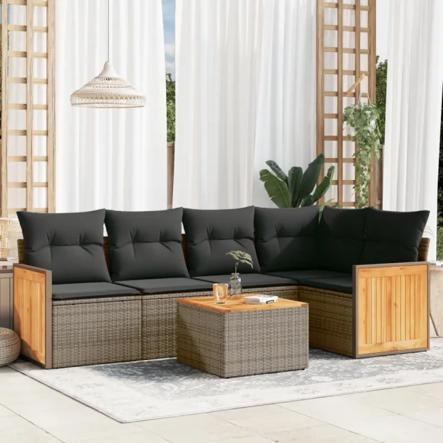 vidaXL 6-delige Loungeset met kussens poly rattan grijs, foto 2
